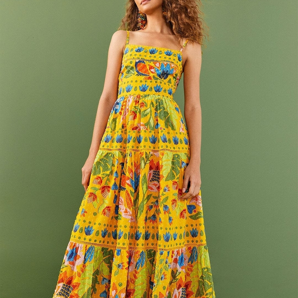 FARM Rio Vibrant Yellow Summer Garden Sleeveless Floral Maxi Dress
